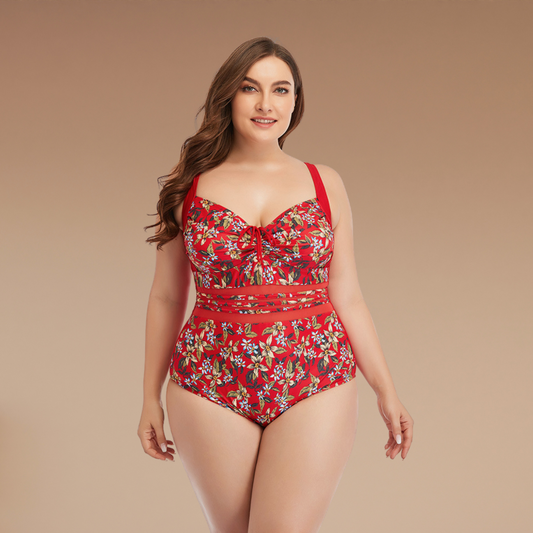 A woman wearing a  red floral one piece swimsuit in earth tone background